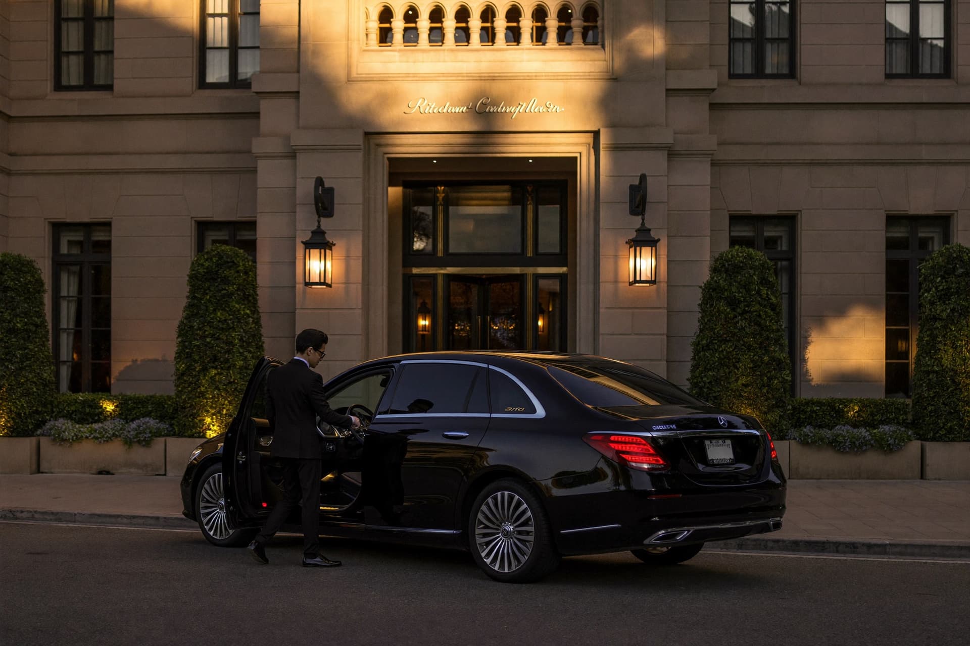 Chauffeur opening the door of a black Mercedes S-Class in front of the Ritz-Carlton Montreal